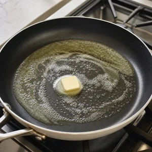 Butter melting across a hot nonstick skillet before adding pancake batter