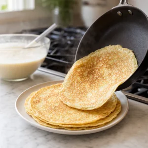 Cooked Dutch pancake slid from the skillet onto a warm stack on a plate