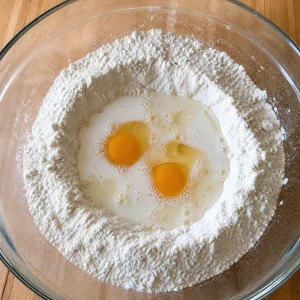 Eggs and milk added into a well in the center of the flour