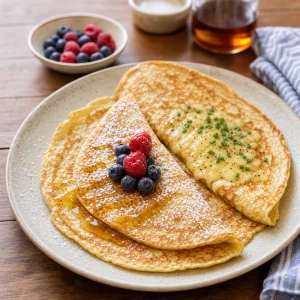 Hot Dutch griddle cakes served with powdered sugar syrup and sweet and savory toppings