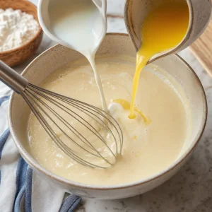 Remaining milk and melted butter poured into smooth thin pancake batter