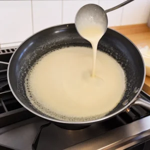 Thin batter ladled into a buttered skillet and spread to the edges
