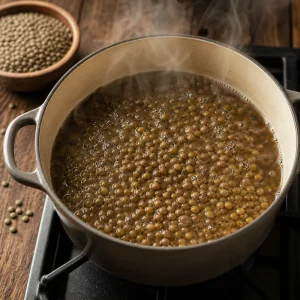 Brown lentils simmering gently in a pot