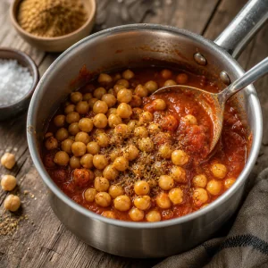 Chickpeas warming in tomato sauce with cumin
