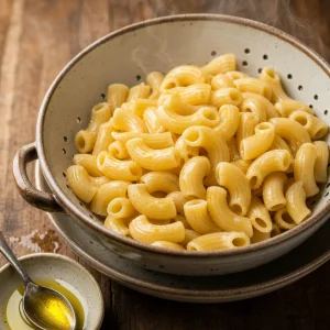 Cooked elbow macaroni glistening with olive oil
