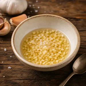 Garlic vinegar drizzle in a small ceramic bowl