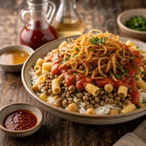 Hot koshari served with vinegar and hot sauce on the side
