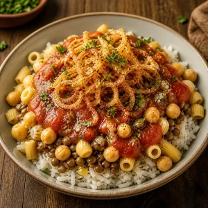 Koshari layered with rice lentils pasta chickpeas sauce and crispy onions