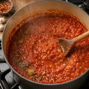 Spiced tomato sauce bubbling with onion and garlic