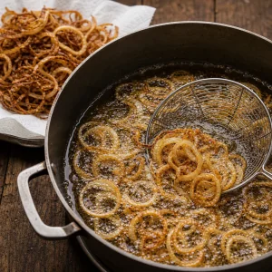 Thin onion rings frying until crisp and golden