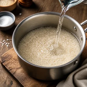 Water pouring over rinsed white rice in a saucepan