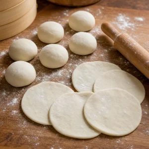 Dough portions and round wrappers on a lightly floured surface