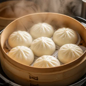 Fluffy steamed pork buns cooking inside a bamboo steamer