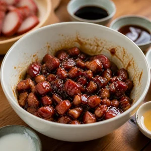 Glossy diced char siu pork filling in a bowl