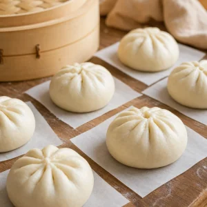 Pleated buns resting on parchment near a bamboo steamer
