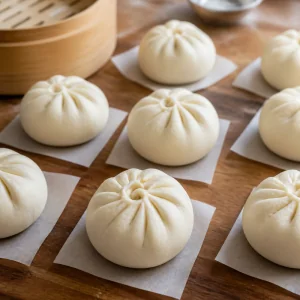 Raw pleated pork buns sealed on parchment squares