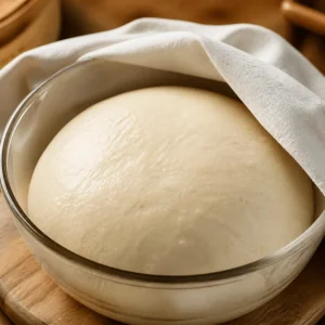 Risen smooth dough in an oiled bowl under a cloth
