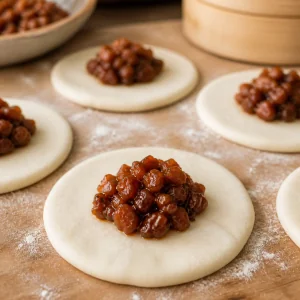Round dough wrappers topped with glossy char siu pork filling