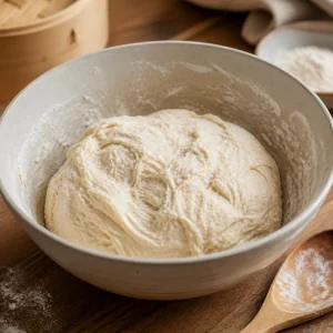 Soft steamed bun dough mixed in a large bowl with flour on the sides