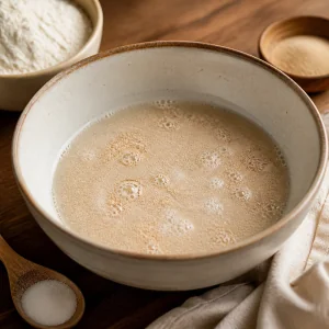 Yeast blooming in warm sugar water with bubbles on the surface