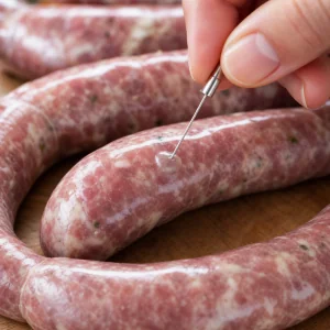 A needle pricking small air bubbles in raw kupati sausage casings