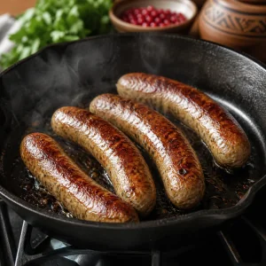 Blanched kupati sausages frying in a skillet until golden brown