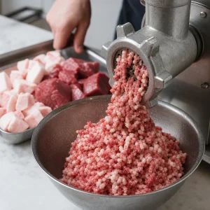Cold pork, beef, and pork fat being ground through a meat grinder into a chilled bowl