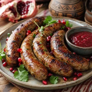 Golden Georgian kupati sausages served with pomegranate seeds, cilantro, and red plum sauce