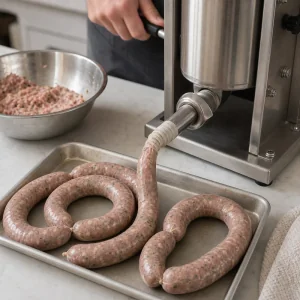 Kupati filling fed through a sausage stuffer into casing without overfilling