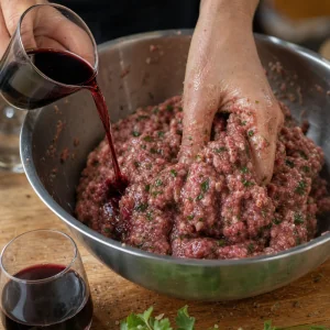 Red wine poured into seasoned sausage meat while it is mixed by hand until tacky