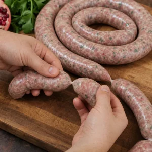Stuffed kupati sausages twisted into even links on a wooden board