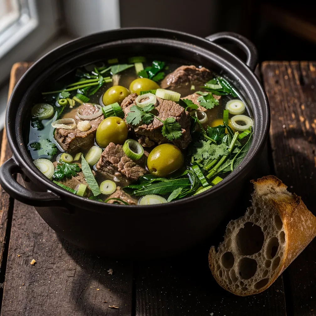 A rustic pot of Georgian lamb stew filled with vibrant green herbs and tender meat