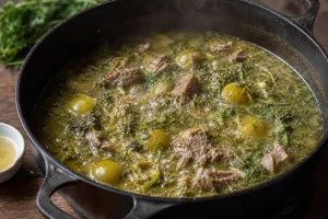 Chakapuli simmering with lamb, herbs, and softened green plums
