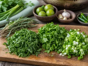 Chopped tarragon, cilantro, and scallions on a board