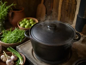 Covered Dutch oven steaming gently on the stove