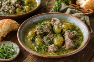 Finished lamb and tarragon stew served in a shallow bowl