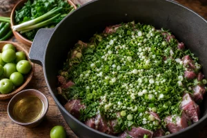 Fresh herbs, garlic, and green chili over raw lamb