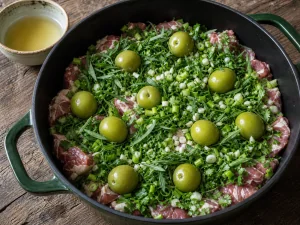 Layered lamb and herbs topped with green plums