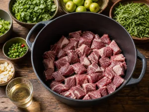 Raw lamb cubes layered in a dark Dutch oven
