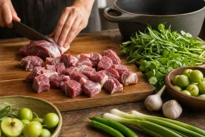 Raw lamb shoulder cubes on a wooden board