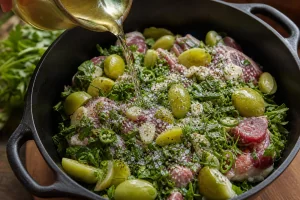 White wine poured over lamb, herbs, and green plums
