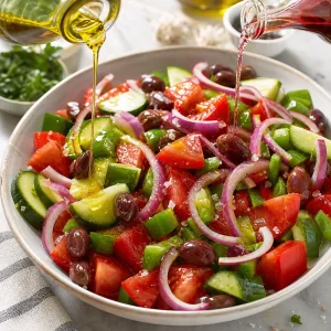 Olive oil and red wine vinegar drizzled over Greek salad vegetables with sea salt.