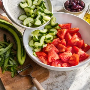 Striped cucumber half-moons added to tomato wedges for Greek taverna salad.