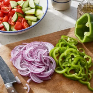 Thin red onion rings and green bell pepper strips sliced for Greek taverna salad.