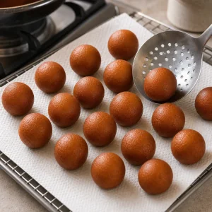 Deep golden gulab jamun drained briefly on paper towels after frying.