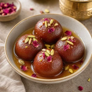 Finished gulab jamun with cardamom rose syrup, pistachios, and rose petals.