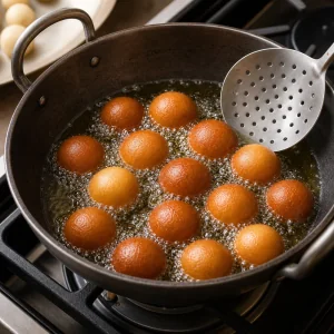 Gulab jamun balls frying slowly in oil until evenly golden brown.