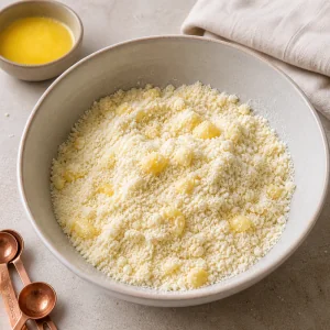 Milk powder, flour, and baking soda rubbed with ghee into fine crumbs.