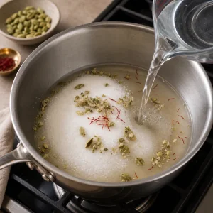 Sugar, water, cardamom, and saffron combined in a saucepan for syrup.