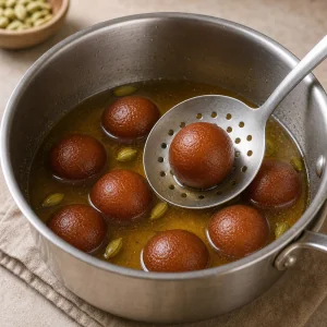 Warm gulab jamun soaking in cardamom rose syrup before serving.